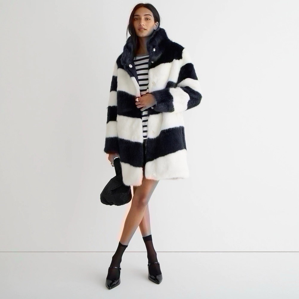 NEW J.Crew Women’s Collection Faux Fur Topcoat in Stripe XXS